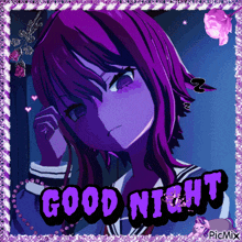 a picture of a girl with purple hair and the words " good night "