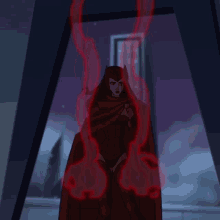 a woman in a red cape is surrounded by red glowing lines