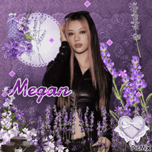 a picture of megan surrounded by purple flowers on a purple background
