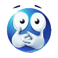 a blue smiley face with big eyes and white hands covering its mouth