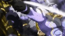 a man in a purple suit is holding a sword in his hand while fighting another man .