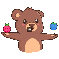 a cartoon teddy bear holding a strawberry and a blueberry