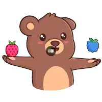 a cartoon teddy bear holding a strawberry and a blueberry