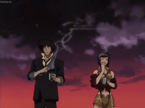 cena do anime Cowboy Bebop onde o protagonista Spike e sua companheira may Valentine fumam um cigarro e tomam café 