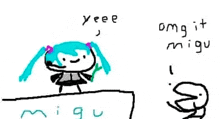 a drawing of hatsune miku with a headset on standing next to a cartoon character .