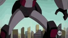 a robot is standing in front of a city with a hub logo on the bottom right