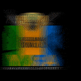 a green yellow and blue background with a gold emblem on top of it
