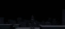 a cartoon character is standing in a dark room surrounded by boxes .