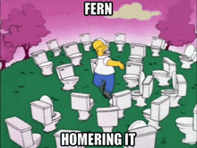 a cartoon of homer simpson surrounded by toilets with the words fern homering it above him