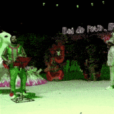a man in a green outfit stands in front of a sign that says boi do povo b