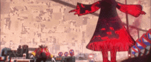 a cartoon of a woman in a red dress standing in front of a building .