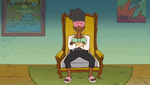 a cartoon drawing of a woman sitting in a chair with her arms crossed