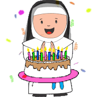 a nun holding a birthday cake with candles on it