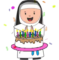 a nun holding a birthday cake with candles on it