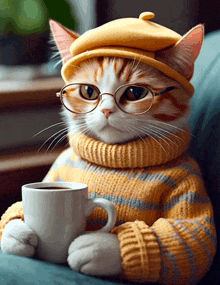 a cat wearing glasses and a sweater holds a cup of coffee