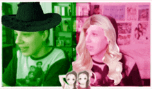 a man wearing a black hat and a woman wearing a pink wig