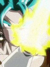 a close up of a cartoon character with blue hair holding a yellow object