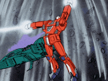 a red robot is flying over a green ship with purple smoke coming out of it