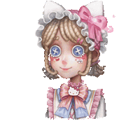 a drawing of a girl with buttons on her eyes and a hello kitty bow