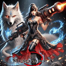 a woman is holding a gun in front of a white wolf and the words museum bola