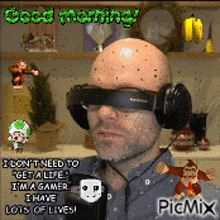 a man wearing headphones says good morning and has a picture of donkey kong in the background