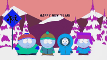 a happy new year greeting card with south park characters in the snow