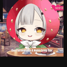 a cartoon girl wearing a strawberry hat is sitting at a table