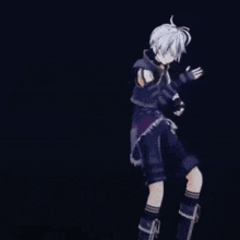 a 3d anime character is dancing in front of a microphone on a black background .