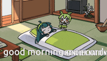a cartoon of a girl sleeping on a bed with the words " good morning handler nation " on the bottom
