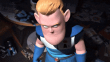 a cartoon character with a blue shirt and blue gloves is standing in front of a table