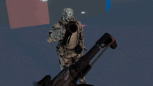 a soldier is holding a gun in front of a sign that says force