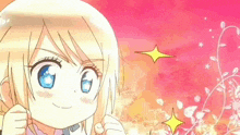 a cartoon girl with blonde hair and blue eyes is standing in front of a pink and orange background .