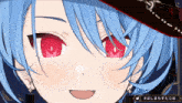 a close up of a blue haired anime character with red eyes and a twitter logo