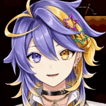 a close up of a anime character with purple hair