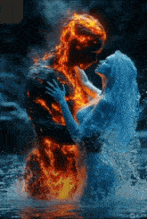 a man and a woman are standing in the water and the man is made of fire and the woman is made of water
