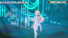 a video game character is standing in front of a screen that says beautiful world 2024 mix