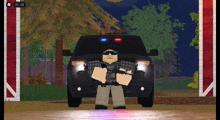 a police officer is standing in front of a police car in a video game