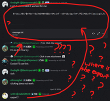 a screenshot of a discord conversation with a red arrow pointing to where the error is