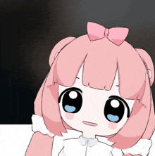 a drawing of a girl with pink hair and a bow