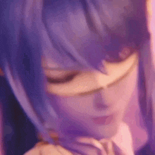 a close up of a person 's face with purple hair and a purple background .