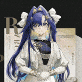 a drawing of a girl with blue hair and the letter r