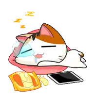 a cartoon cat is sleeping on a pillow next to a bag of chips and a tablet