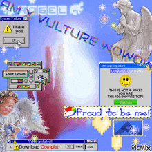 a computer screen with a statue of an angel and a message that says proud to be me