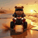 a teddy bear wearing sunglasses is riding a red atv on the beach