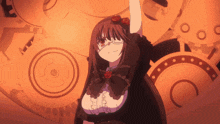 a girl with glasses stands in front of gears and circles