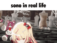 a picture of a girl with a teddy bear and the words sono in real life above her
