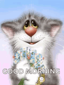 a cartoon cat is holding a bouquet of flowers and a watch on its wrist .