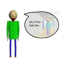 a pixel art of a man with a speech bubble that says why tf do i look like