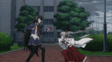 two anime characters are fighting with swords in a park with trees in the background