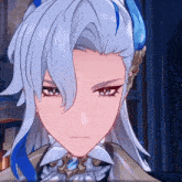 a close up of a person 's face in a video game with white hair and blue horns .